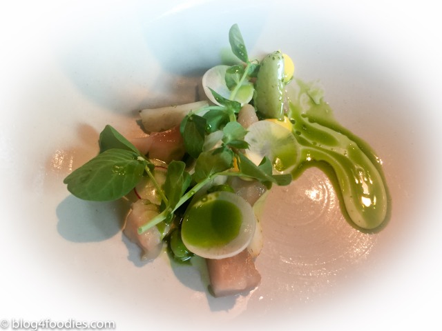 Salted mackerel with peas and pickled green strawberries